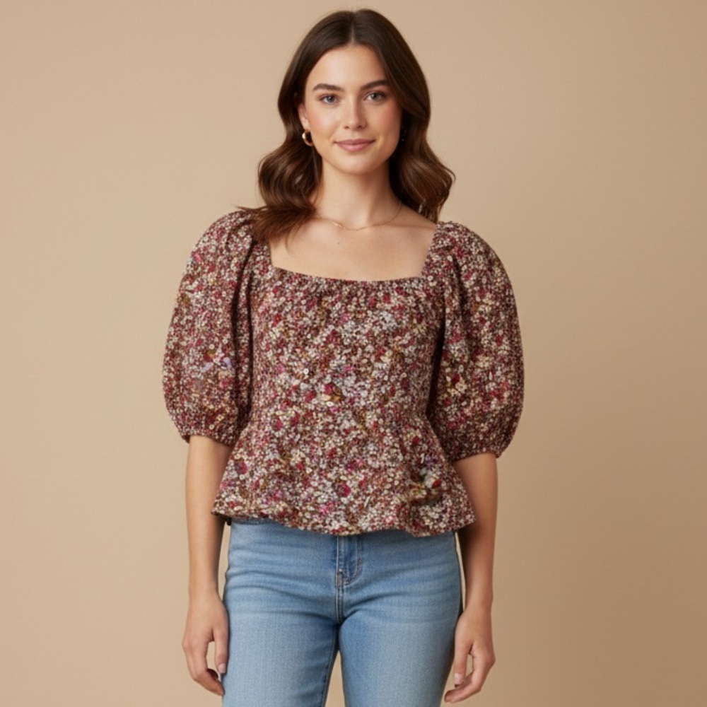 SIM & SAM Ditsy Floral Puff Sleeve Babydoll Peplum Blouse Cottagecore Size L NWT